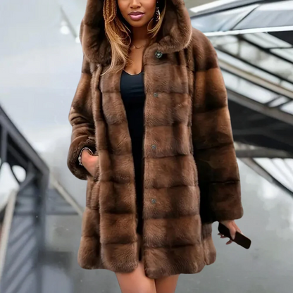 Trenchcoat Faux Fur Hooded Relaxed Fit Mid-Thigh Length Bruin