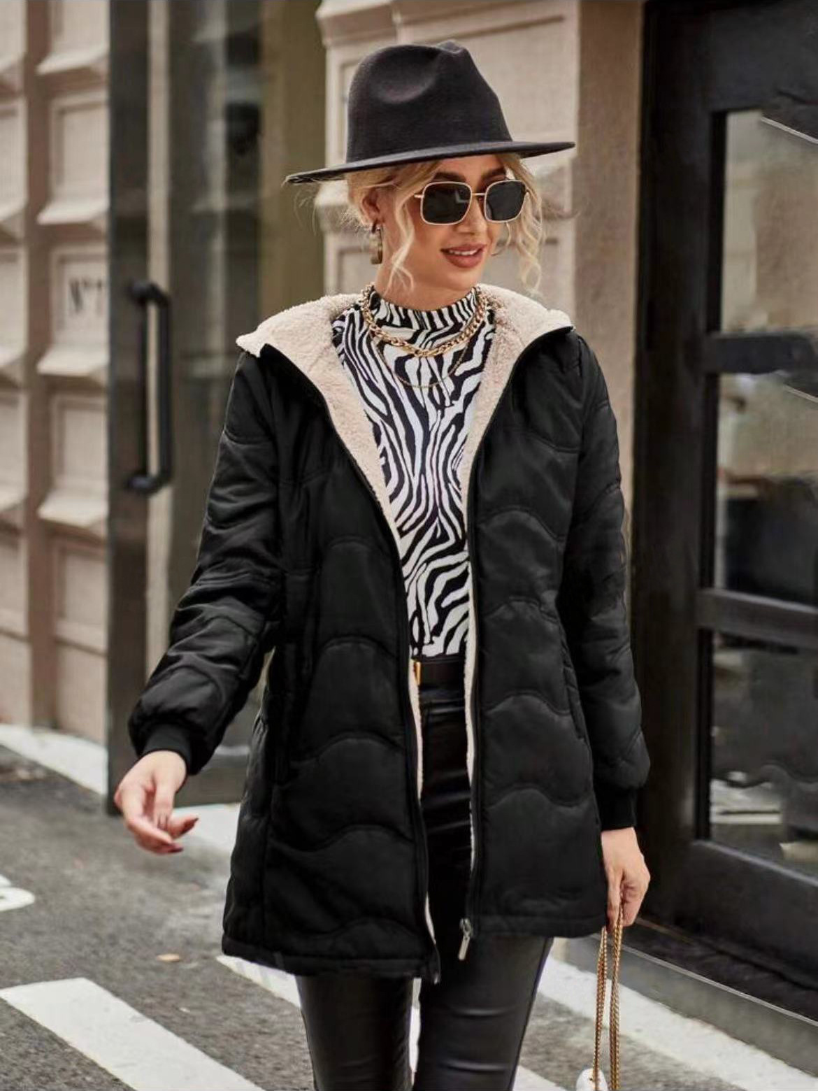 Trenchcoat Quilted Padded Slim Fit Fleece Lined Hooded Zip Zwart