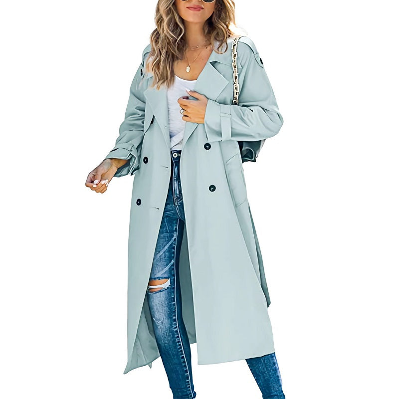 Klassieke Dames Trenchcoat met Dubbele Rij Knopen Lichtblauw