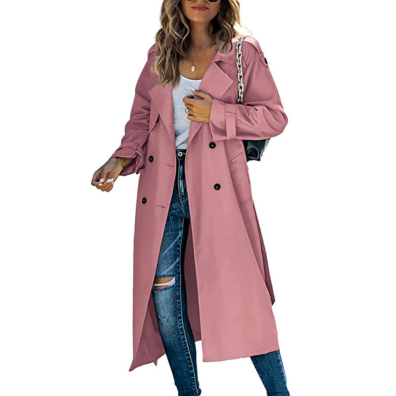 Klassieke Dames Trenchcoat met Dubbele Rij Knopen Roze