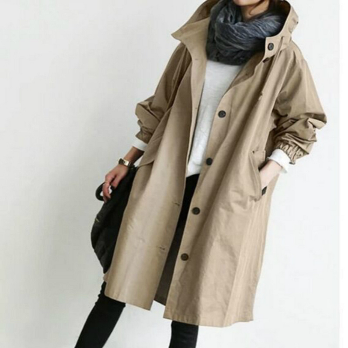 Lange Dames Trenchcoat Met Capuchon In Diverse Kleuren Lichtbruin