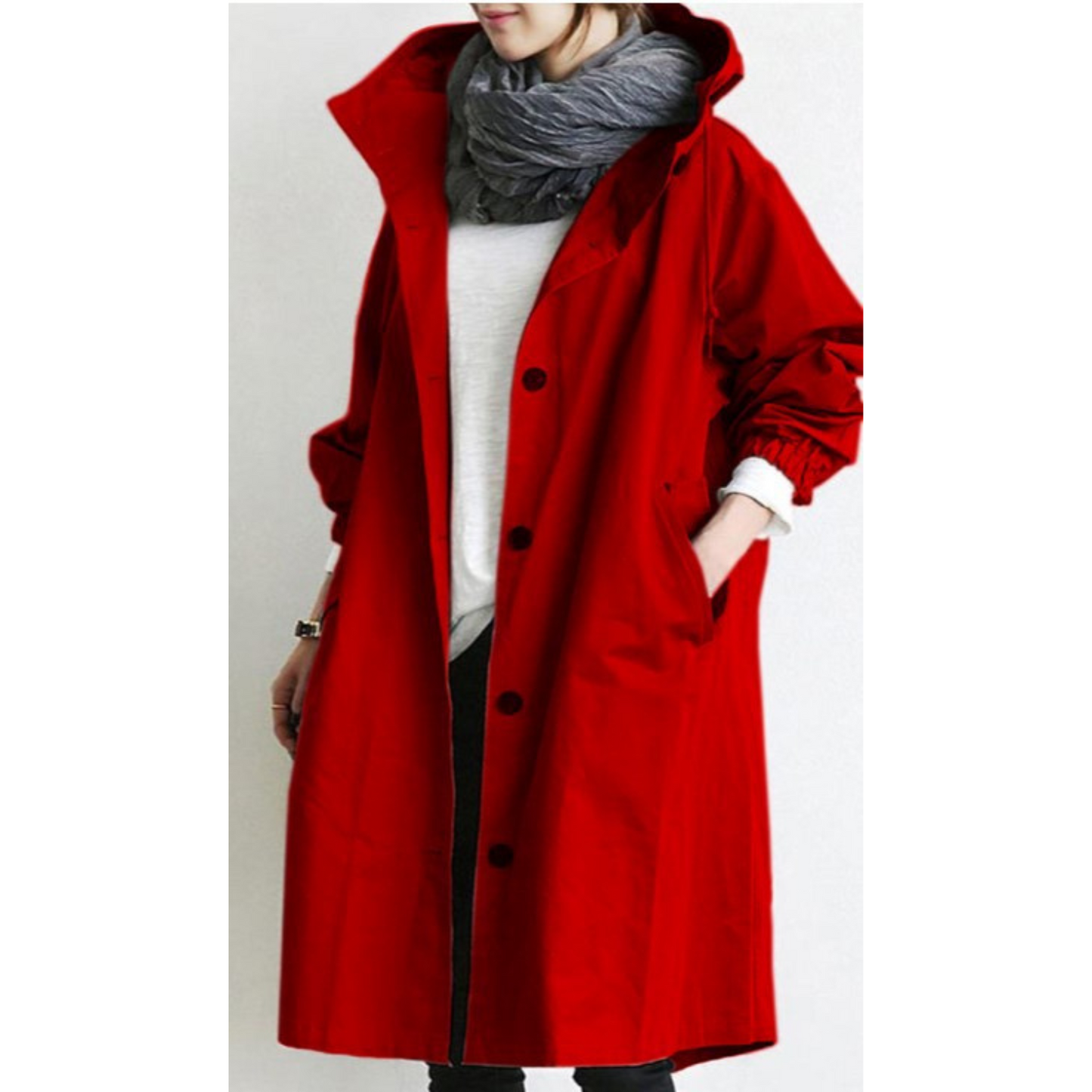 Lange Dames Trenchcoat Met Capuchon In Diverse Kleuren Rood