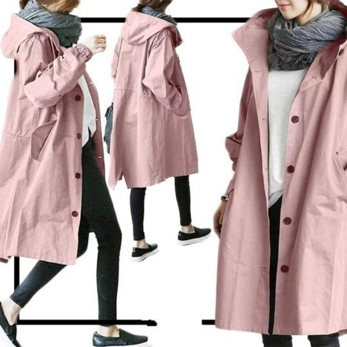 Lange Dames Trenchcoat Met Capuchon In Diverse Kleuren Roze
