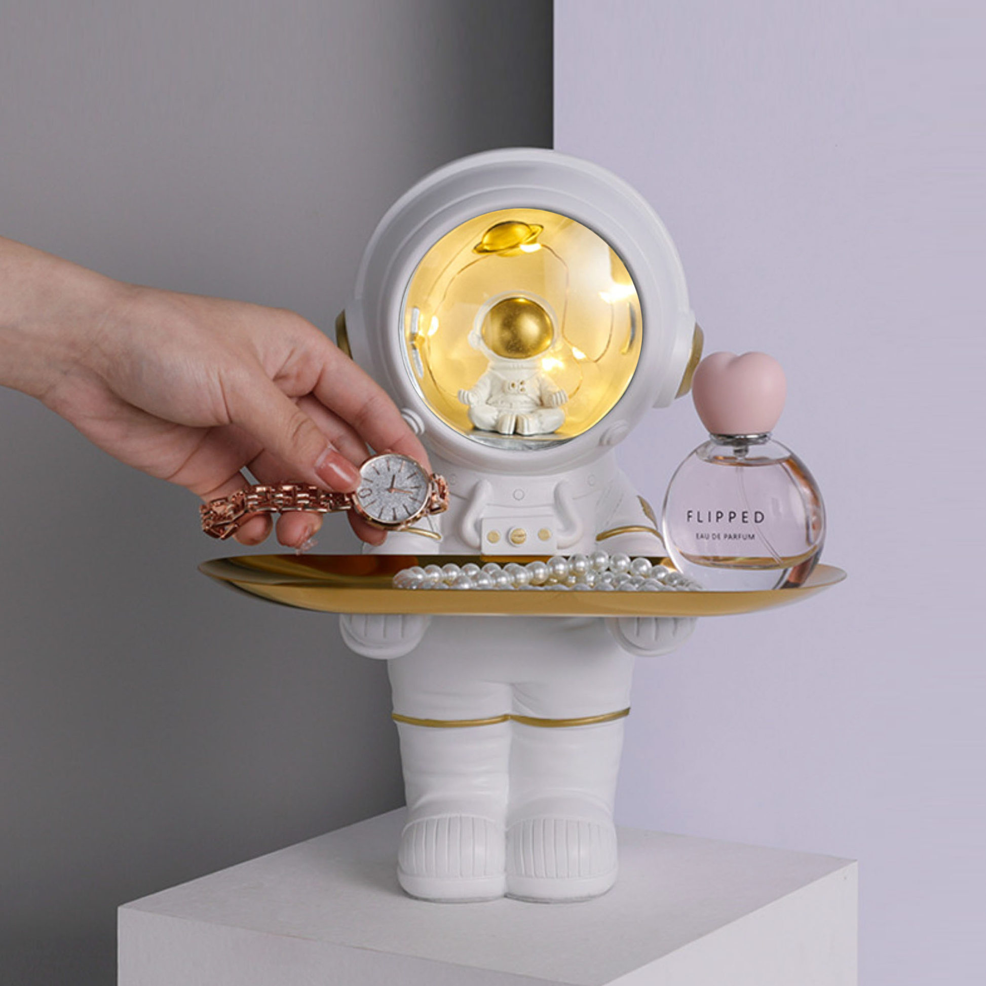 Astronautenlamp met Opbergbak – Ruimtebesparende Decoratie in Wit en Grijs voor Woonkamer en Bureau