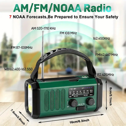 Pro Noodradio 10.000mAh – Zonne- & Handmatig Opladen, Weerradio, Zaklamp, SOS Alarm & Telefoonlader