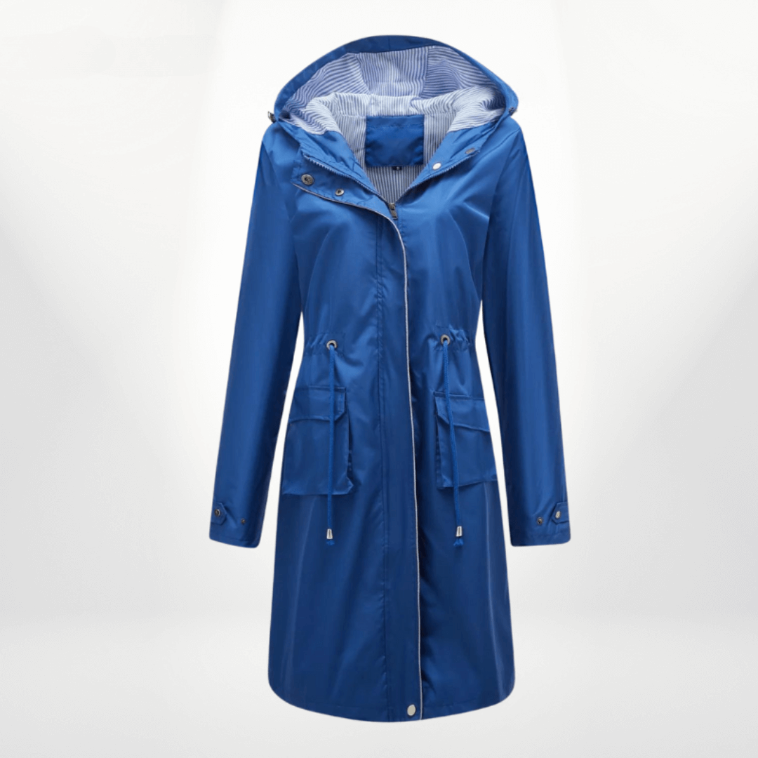 Trenchcoat Waterproof Over-Knee Hooded Adjustable Waist Blauw