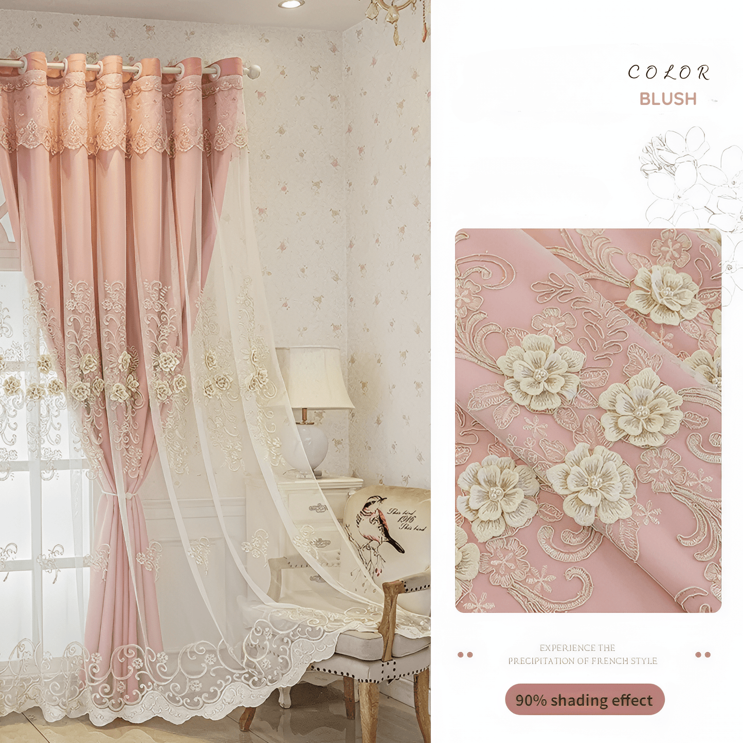 Luxe Verduisterende Gordijnen met 3D Bloemenborduurwerk – Crème Fluweel Raamdecoratie voor Optimale Lichtblokkering Blozen Haken