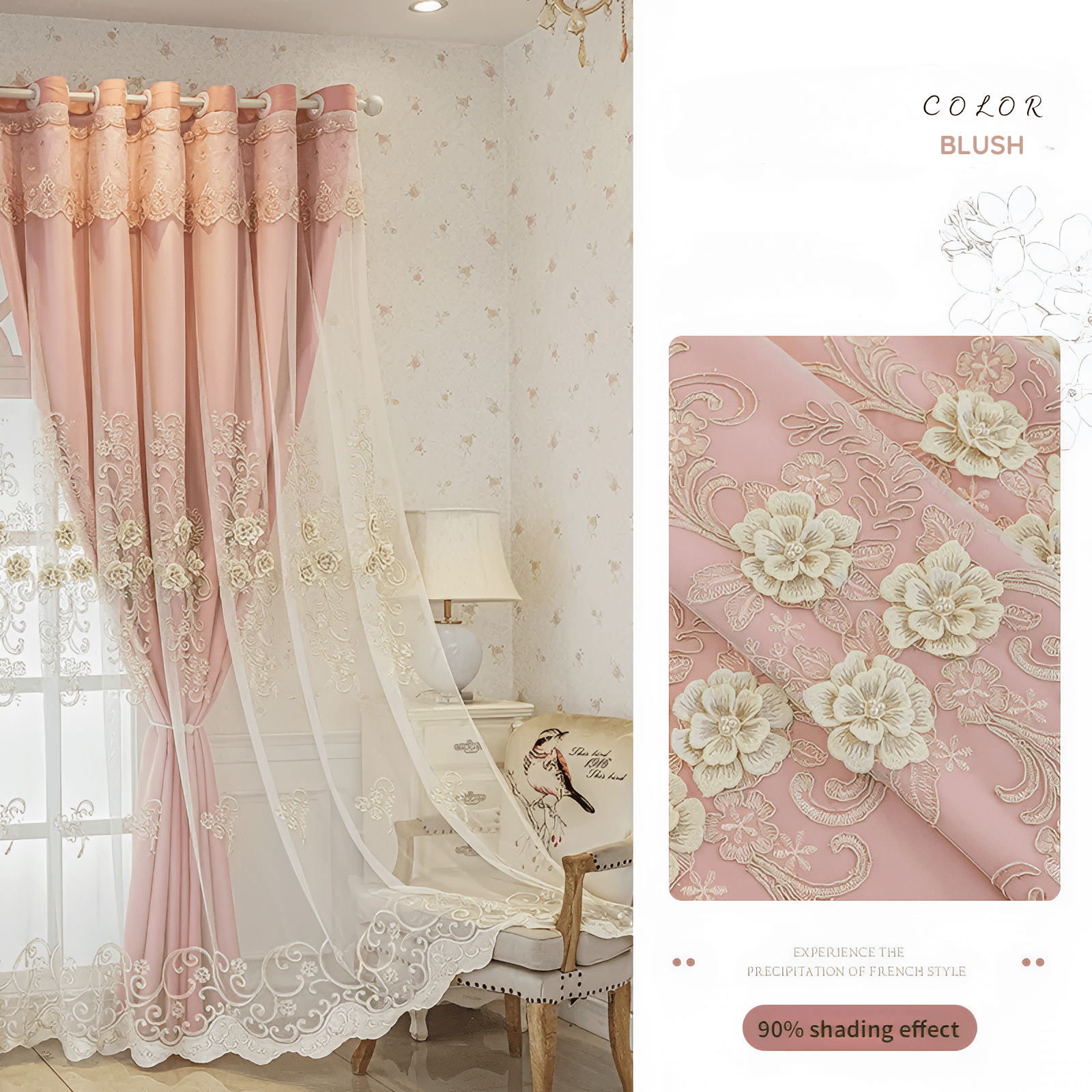 Luxe Verduisterende Gordijnen met 3D Bloemenborduurwerk – Crème Fluweel Raamdecoratie voor Optimale Lichtblokkering Blozen Haken