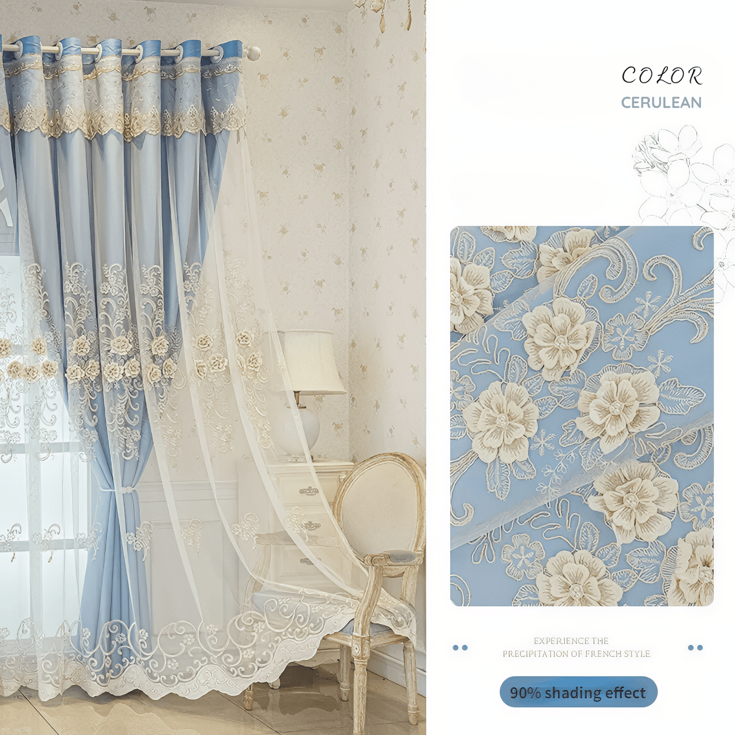 Luxe Verduisterende Gordijnen met 3D Bloemenborduurwerk – Crème Fluweel Raamdecoratie voor Optimale Lichtblokkering Ceruleaans