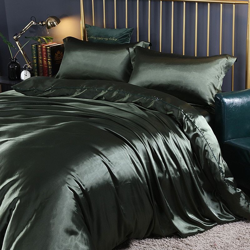 Luxe set (4 stuks) zijde/satijn bedlinnen dekbedovertrek-2x kussensloop-laken SEREIN Smaragdgroen 150cm hoeslaken + Dekbed 200x 230cm + 2x kussensloop