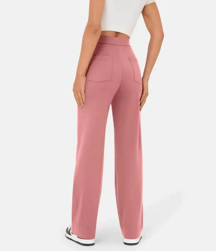 Broek Hoge Taille Wijde Leg Knopdetail Ontspannen Pasvorm