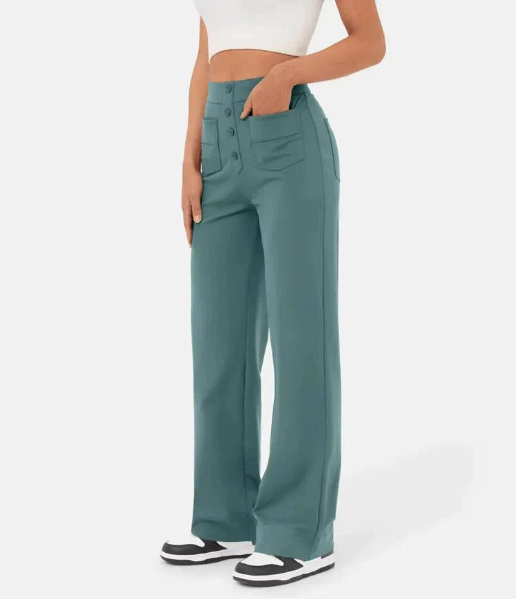 Broek Hoge Taille Wijde Leg Knopdetail Ontspannen Pasvorm