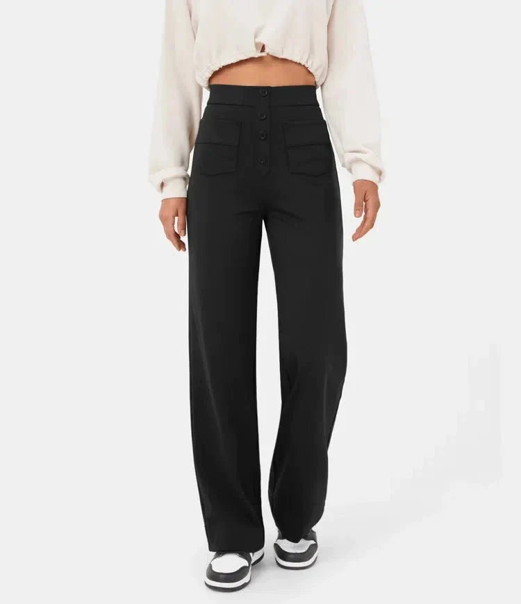 Broek Hoge Taille Wijde Leg Knopdetail Ontspannen Pasvorm Zwart