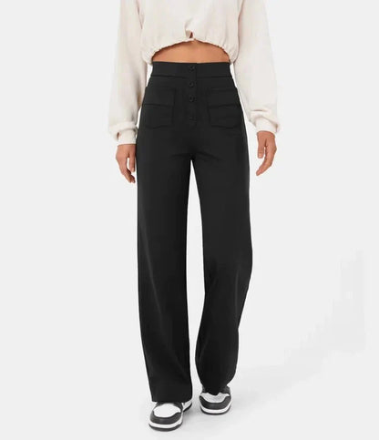 Broek Hoge Taille Wijde Leg Knopdetail Ontspannen Pasvorm Zwart