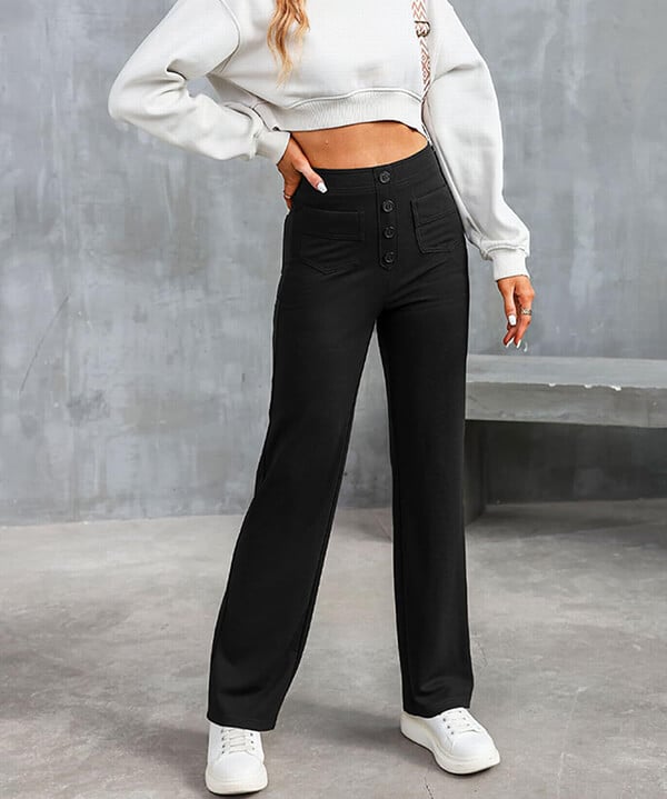 Broek Hoge Taille Wijde Leg Knopdetail Ontspannen Pasvorm