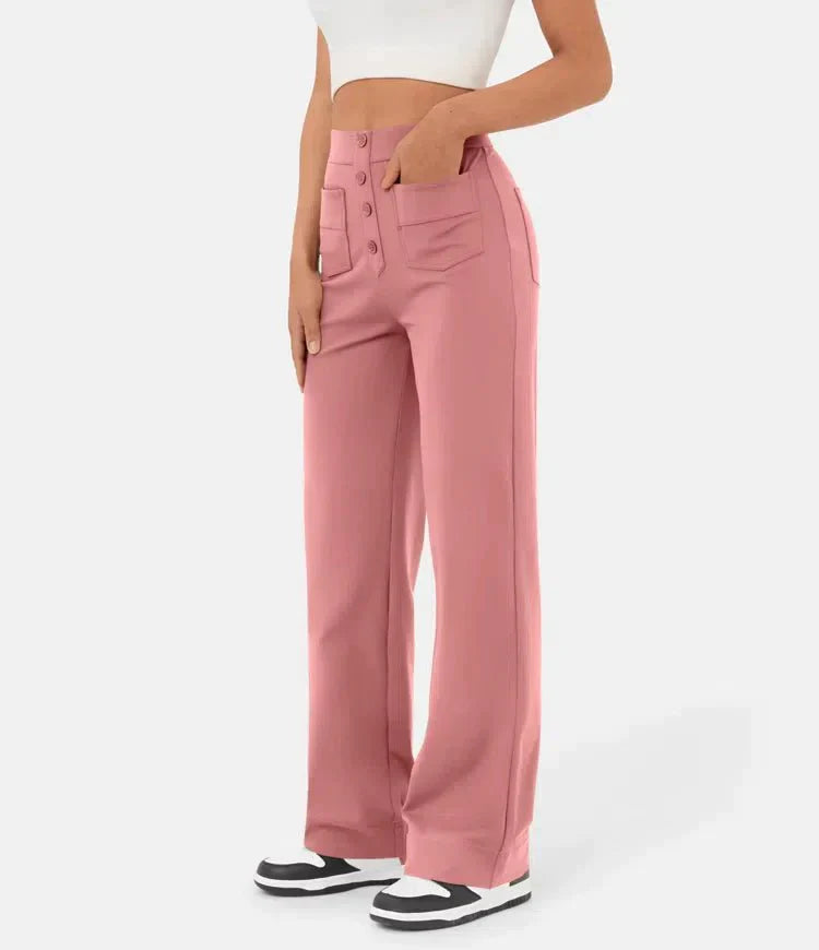Broek Hoge Taille Wijde Leg Knopdetail Ontspannen Pasvorm