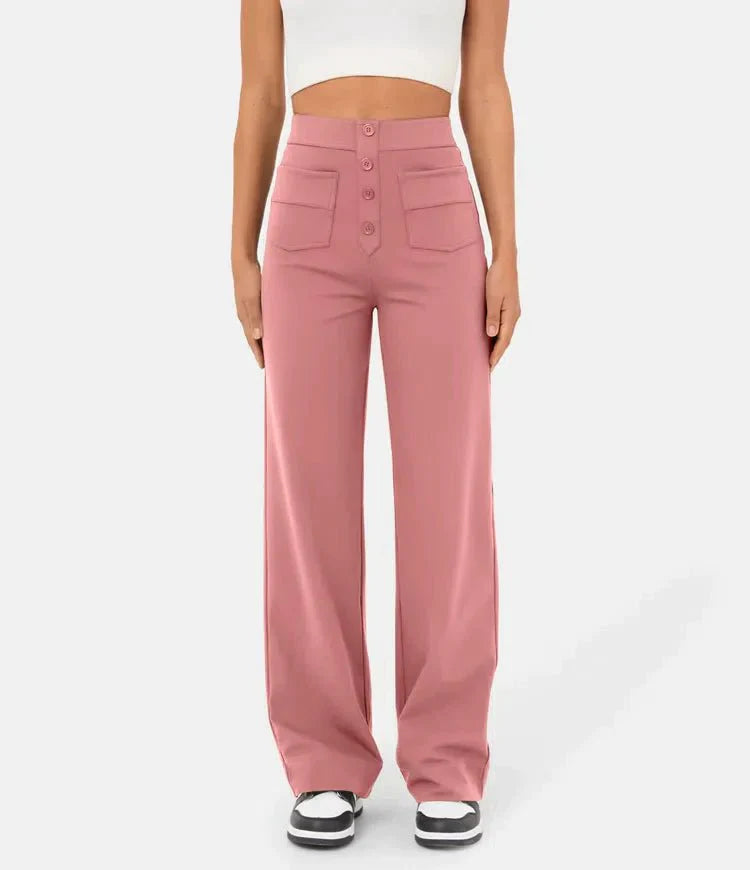 Broek Hoge Taille Wijde Leg Knopdetail Ontspannen Pasvorm Roze