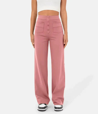 Broek Hoge Taille Wijde Leg Knopdetail Ontspannen Pasvorm Roze