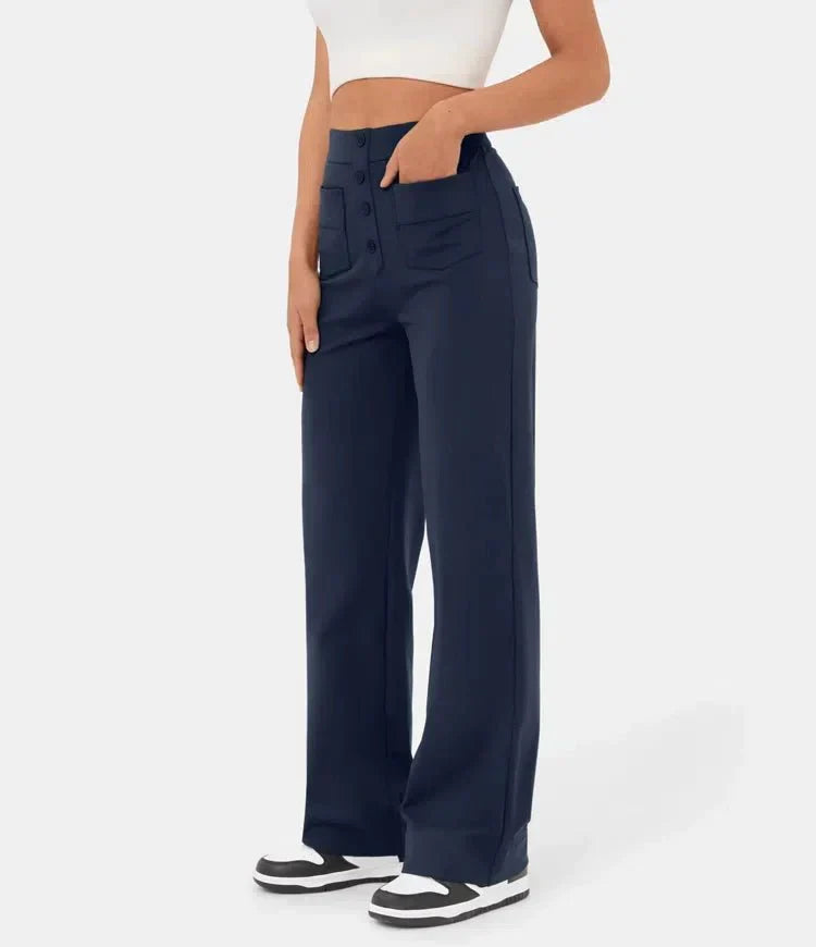 Broek Hoge Taille Wijde Leg Knopdetail Ontspannen Pasvorm Marineblauw