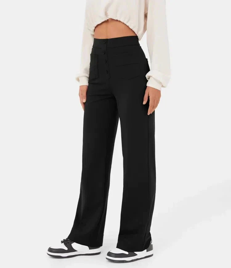 Broek Hoge Taille Wijde Leg Knopdetail Ontspannen Pasvorm