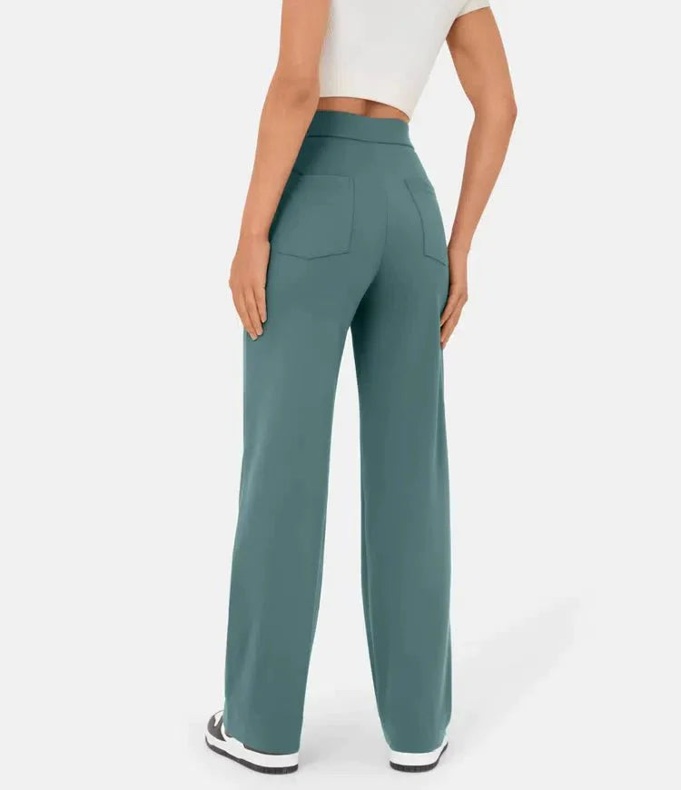 Broek Hoge Taille Wijde Leg Knopdetail Ontspannen Pasvorm