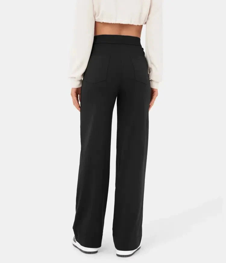 Broek Hoge Taille Wijde Leg Knopdetail Ontspannen Pasvorm
