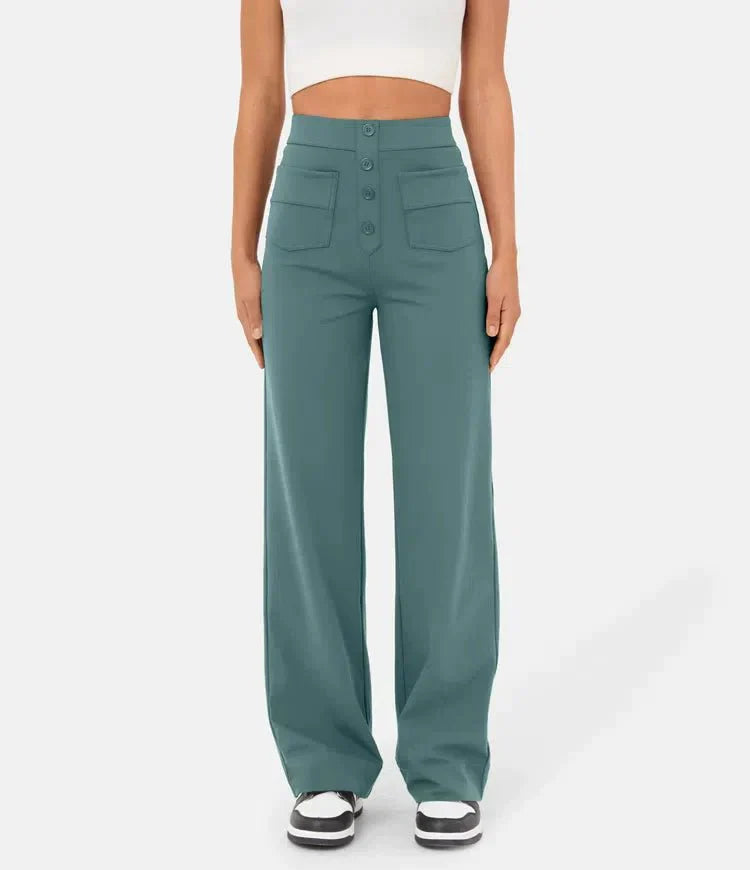 Broek Hoge Taille Wijde Leg Knopdetail Ontspannen Pasvorm Groen