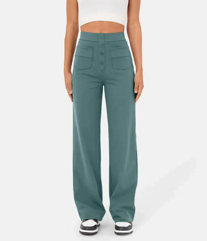 Broek Hoge Taille Wijde Leg Knopdetail Ontspannen Pasvorm Groen