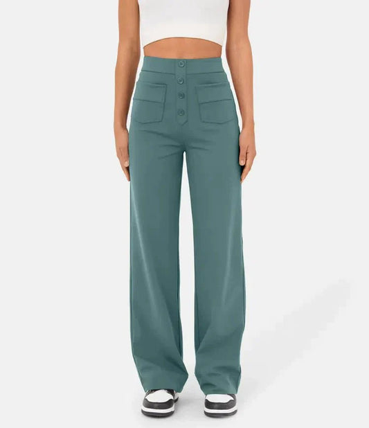 Broek Hoge Taille Wijde Leg Knopdetail Ontspannen Pasvorm Groen