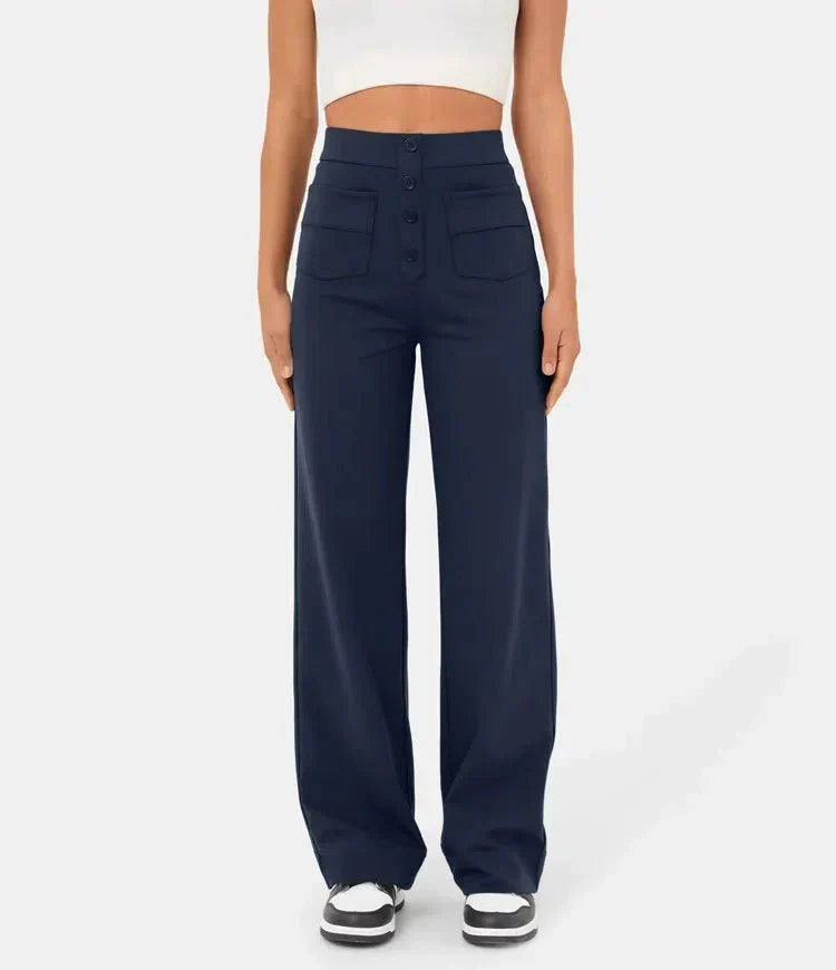 Broek Hoge Taille Wijde Leg Knopdetail Ontspannen Pasvorm