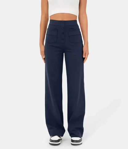 Broek Hoge Taille Wijde Leg Knopdetail Ontspannen Pasvorm