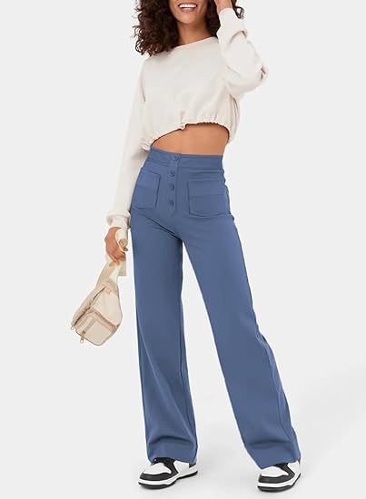Broek Hoge Taille Wijde Leg Knopdetail Ontspannen Pasvorm Lichtblauw