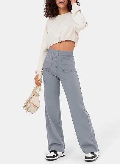 Broek Hoge Taille Wijde Leg Knopdetail Ontspannen Pasvorm Grijs