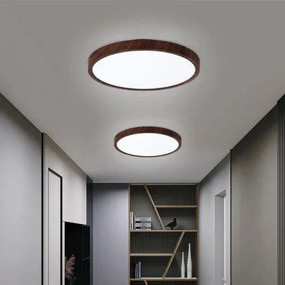 Ultradun Circulair Plafondlicht met Verstelbare LED Verlichting – Warm Walnootkleur, Modern Design voor Woonkamer en Slaapkamer