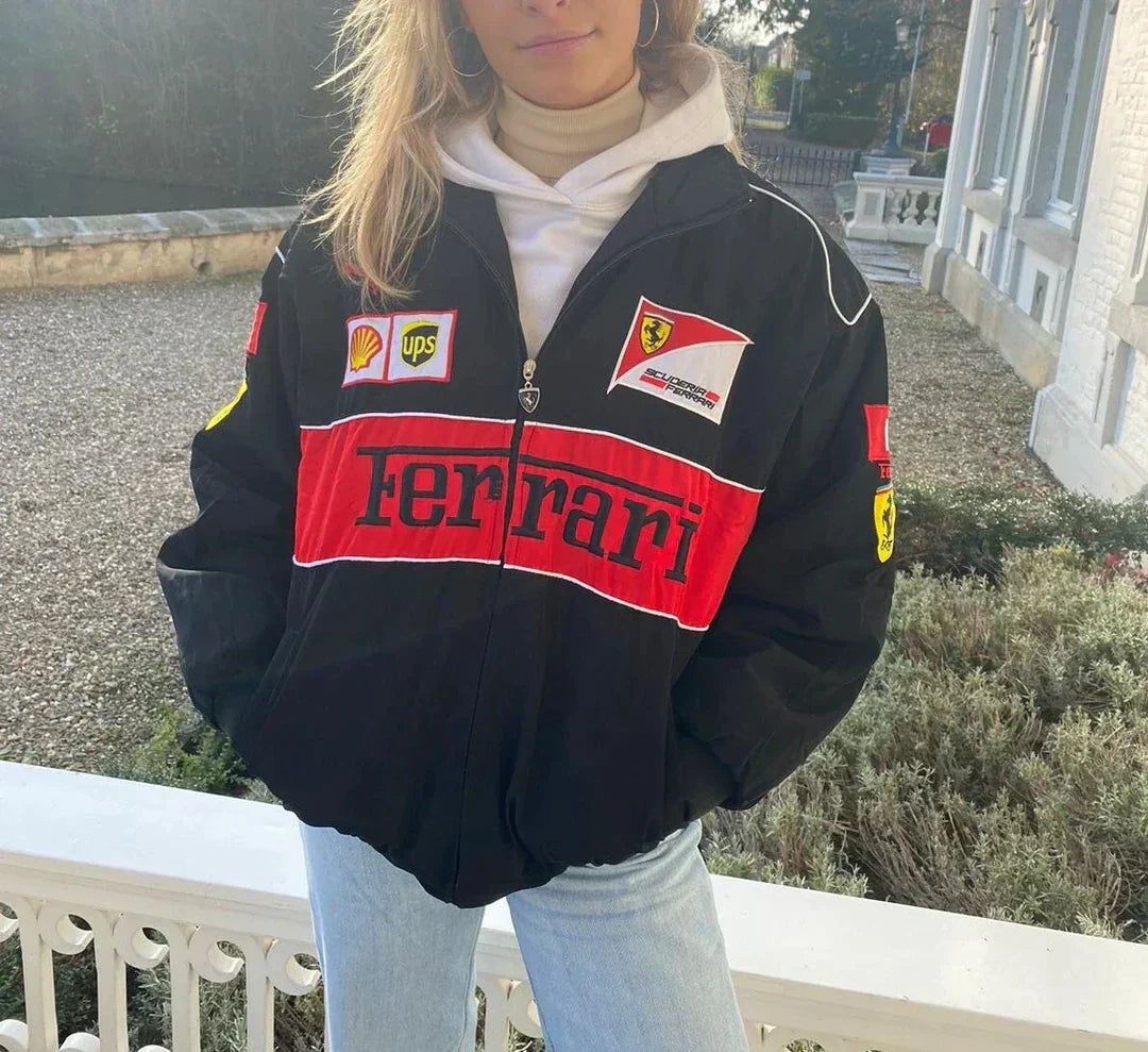 Vintage Ferrari Racer Jack met Sportieve Stijl en Duurzame Materialen Unisex Zwart
