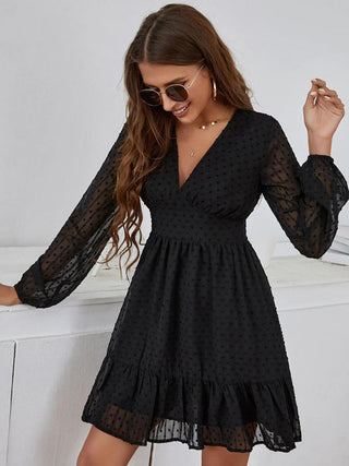 Vrouwen Effen Kleur Clip Polka Dot Chiffon Fit En Flare Jurk Zwart