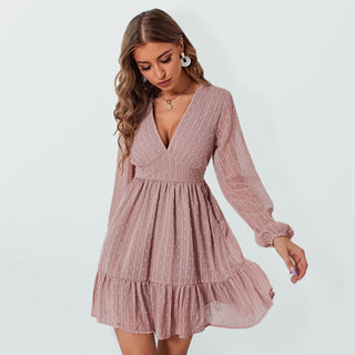 Vrouwen Effen Kleur Clip Polka Dot Chiffon Fit En Flare Jurk Roze