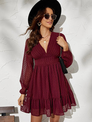 Vrouwen Effen Kleur Clip Polka Dot Chiffon Fit En Flare Jurk Wijnrood