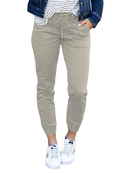 Dames Slim Pocket Cropped Broek Nieuwe Effen Kleur Vetersluiting Vrijetijdsbroek