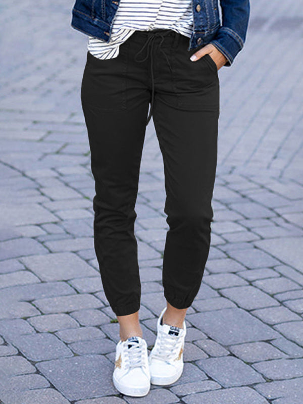 Dames Slim Pocket Cropped Broek Nieuwe Effen Kleur Vetersluiting Vrijetijdsbroek Zwart