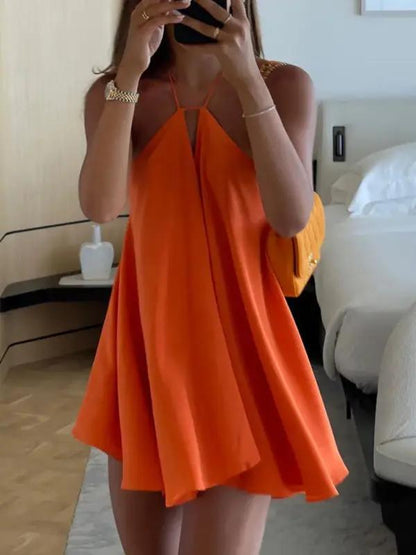 Vrouwen Sexy Diepe V Hals Rugloze Draagband Losse A Lijn Jurk Oranje