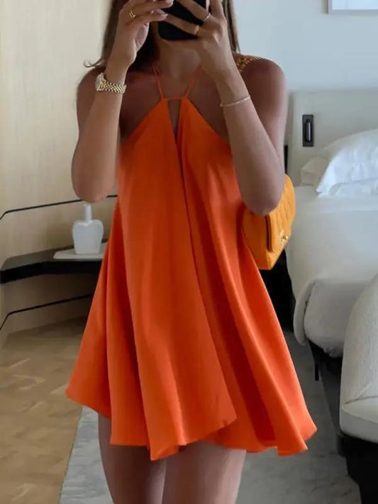 Vrouwen Sexy Diepe V Hals Rugloze Draagband Losse A Lijn Jurk Oranje