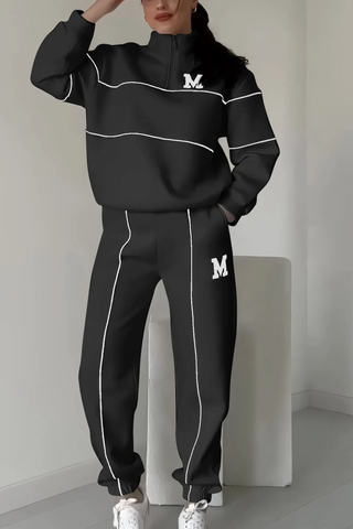 Trendy Dames Trainingspak Set met Half-Zip Sweater Zwart