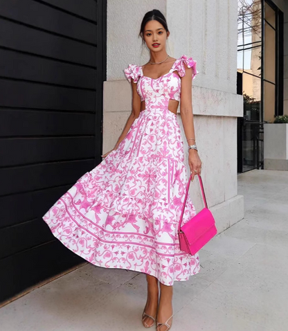 Dames Maxi Jurk - Diepe V-Hals - Ruches Mouw - A-lijn Pasvorm - Bloemenprint