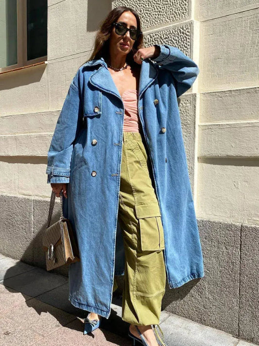 Trenchcoat Spijkerstoftextuur Oversized Pasvorm Lang Blauw