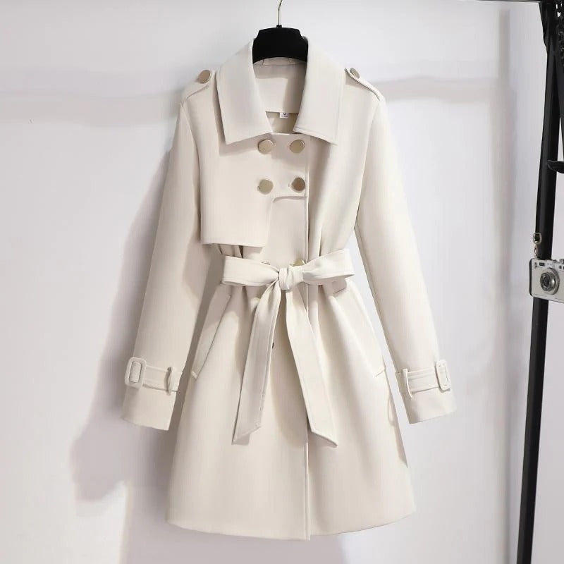 Trenchcoat Belted Waist Double-Breasted Knee Length Wit