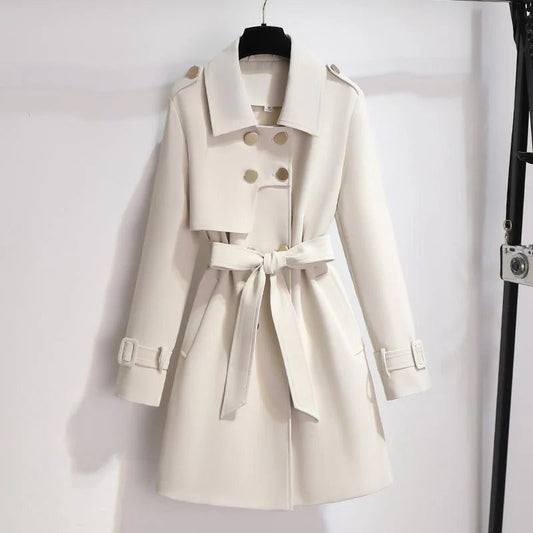Trenchcoat Belted Waist Double-Breasted Knee Length Wit