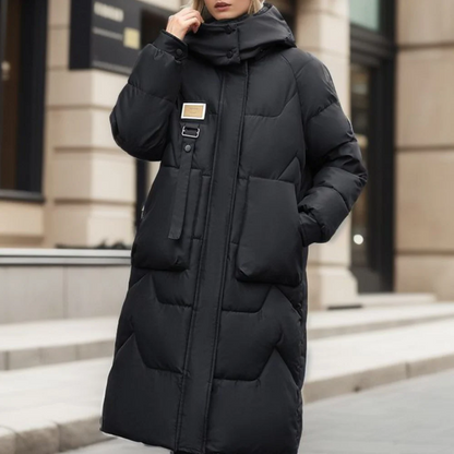 Lange Trenchcoat Gewatteerd Oversized Losvallend Warmte Zwart