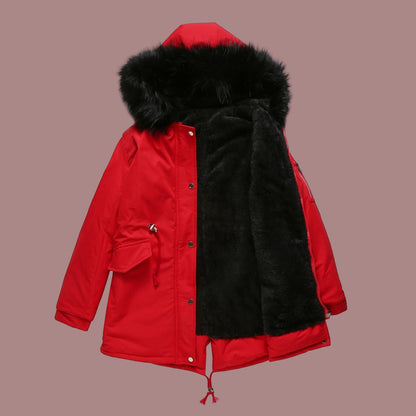 Parka Tussenjas Geïsoleerd Middenlengte Dames Met Nepbontcapuchon Rood