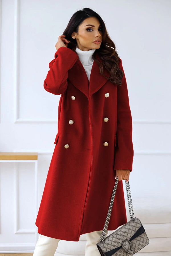 Trenchcoat Wollen Getailleerde Dubbelrijige Lange Mantel Rood